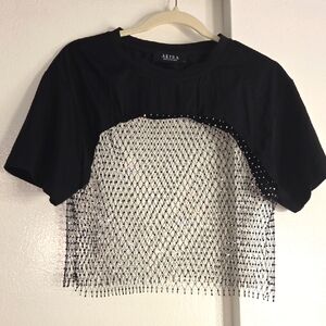 AKIRA Black Rhinestones Embellished Crop Tee